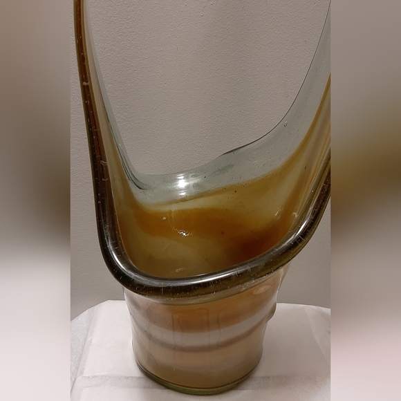 Vintage 15" Stretch Art Glass Basket Vase Browns Swirls Hand Blown Glass - Picture 6 of 9